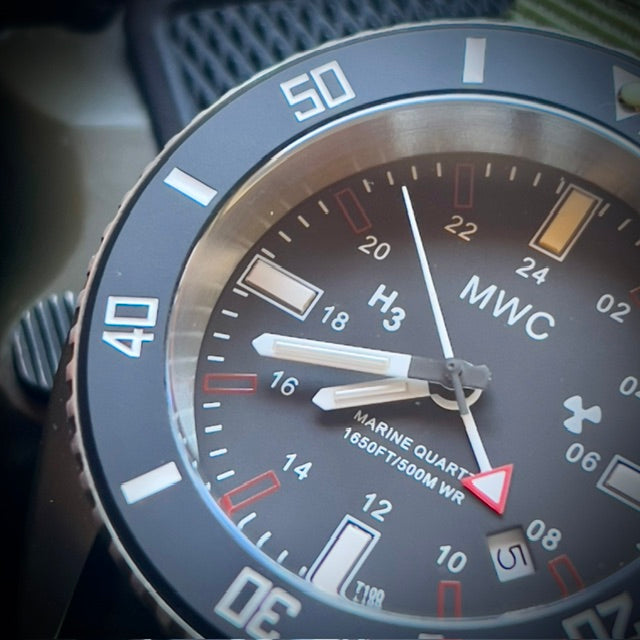 MWC "Submariner / Naval Crew Divers Watch" 500m (1,640ft) Water Resistant Dual Time Zone Military Watch in a Stainless Steel Case with GTLS and Helium Valve