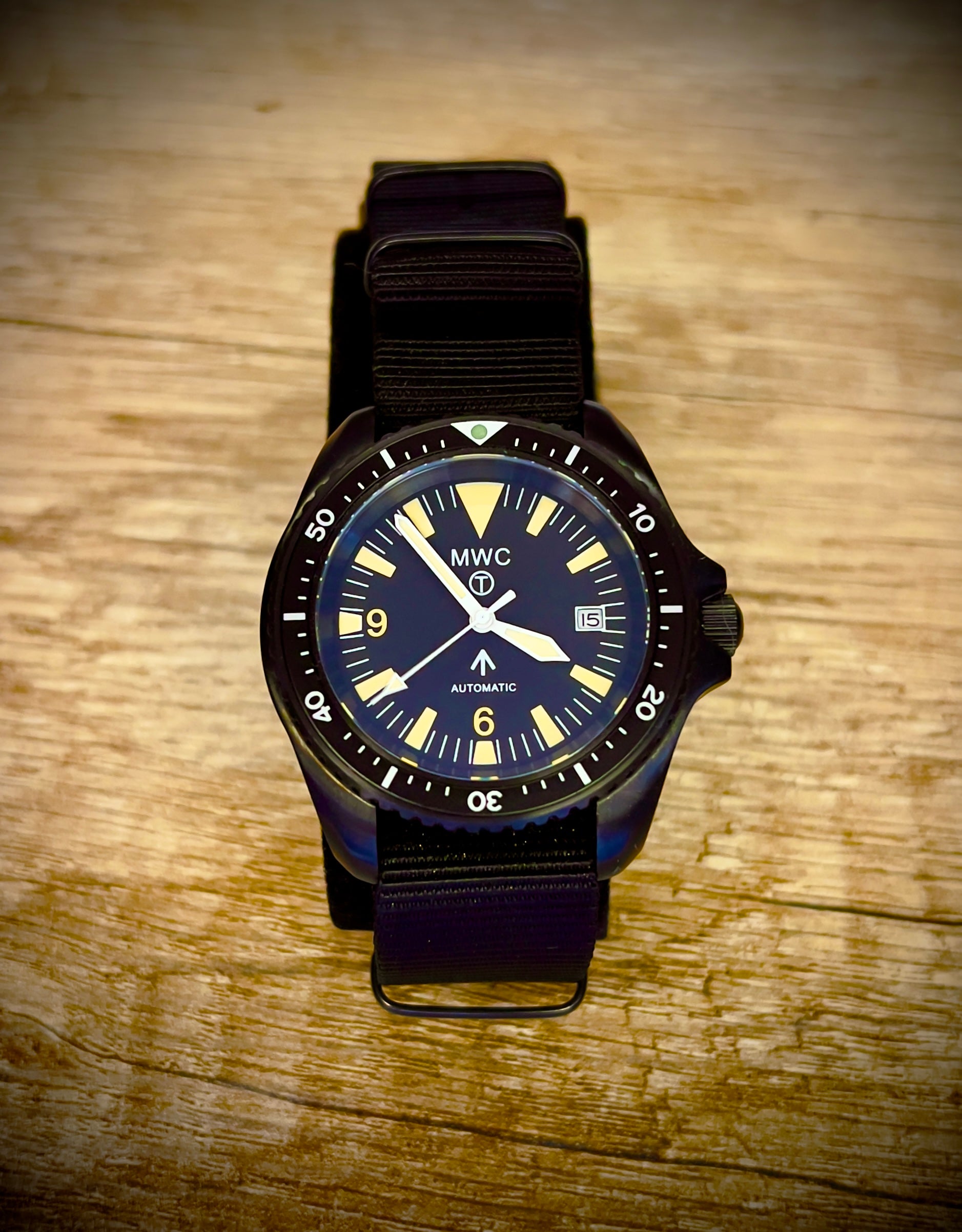 MWC 1999-2001 Pattern Black PVD Automatic Military Divers Watch with Retro Luminous Paint, Sapphire Crystal, 60 Hour Power Reserve