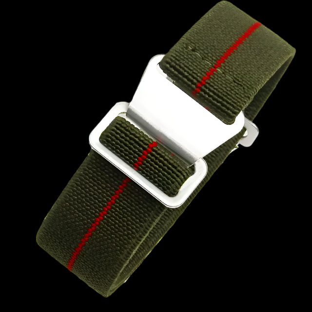 20mm Elasticated French Navy and Special Forces Strap in Green with a Red Stripe