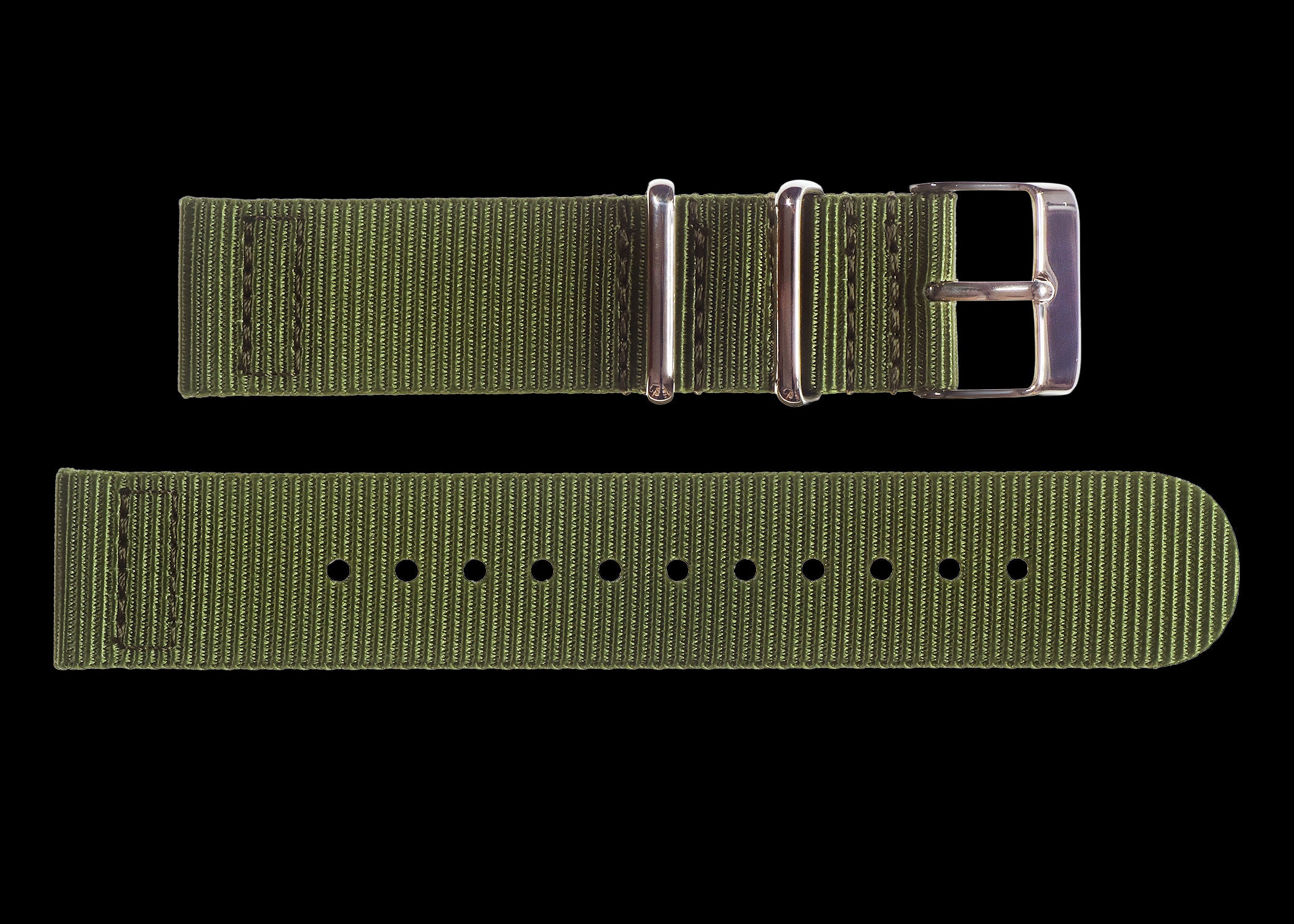 2 Piece 20mm Olive NATO Military Watch Strap in Ballistic Nylon with Stainless Steel Fasteners