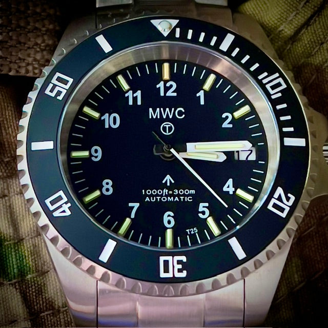MWC 24 Jewel 300m Automatic Military Divers Watch with Tritium GTLS Illumination, Sapphire Crystal and Ceramic Bezel and Steel Bracelet
