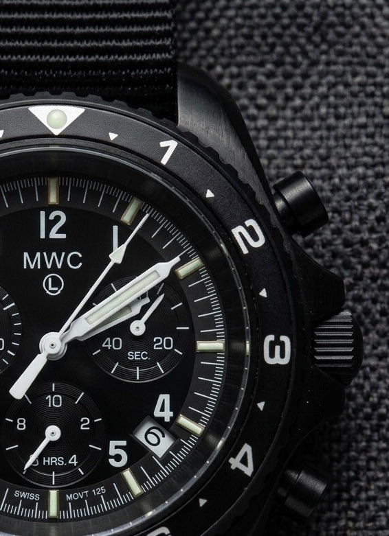 MWC NATO Pattern Stainless Steel Military Pilots Chronograph with Sapphire Crystal and Swiss Ronda Movement - 12 Hour GMT Bezel and GTLS/Tritium Illumination