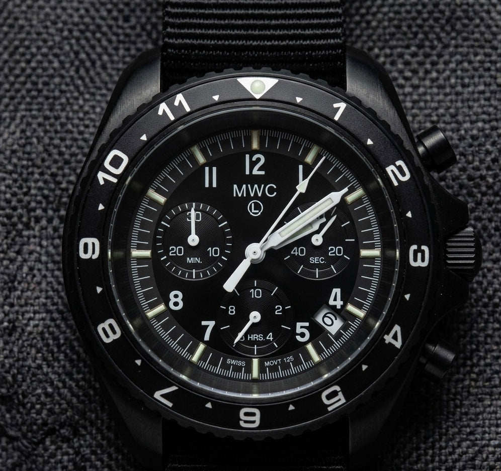 MWC NATO Pattern Stainless Steel Military Pilots Chronograph with Sapphire Crystal and Swiss Ronda Movement - 12 Hour GMT Bezel and GTLS/Tritium Illumination