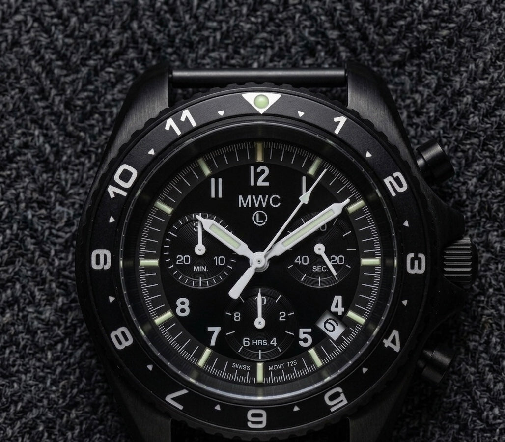MWC NATO Pattern Stainless Steel Military Pilots Chronograph with Sapphire Crystal and Swiss Ronda Movement - 12 Hour GMT Bezel and GTLS/Tritium Illumination