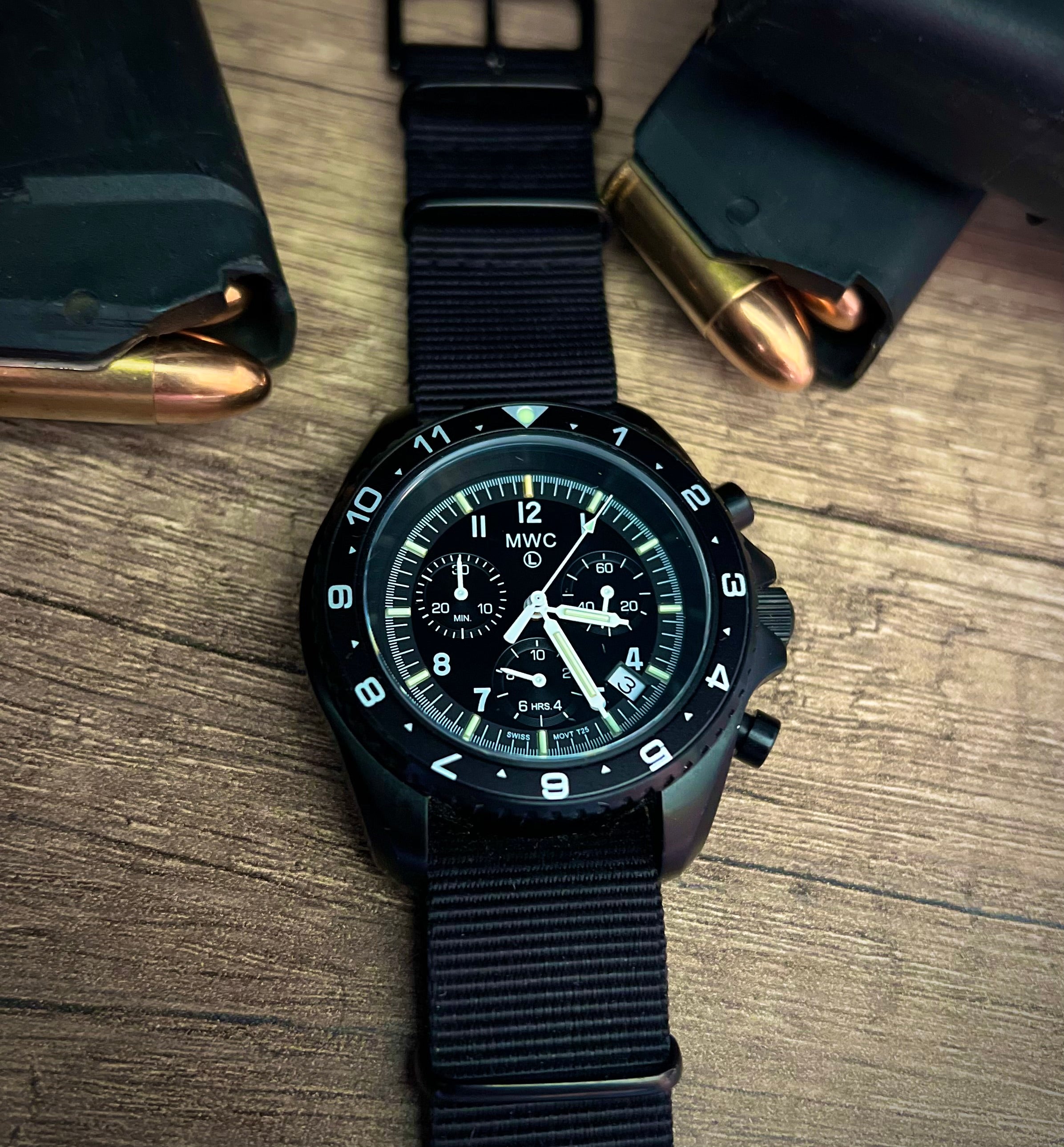 MWC NATO Pattern Stainless Steel Military Pilots Chronograph with Sapphire Crystal and Swiss Ronda Movement - 12 Hour GMT Bezel and GTLS/Tritium Illumination