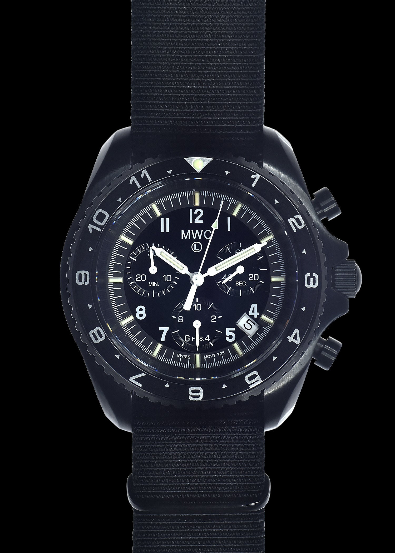 MWC NATO Pattern Stainless Steel Military Pilots Chronograph with Sapphire Crystal and Swiss Ronda Movement - 12 Hour GMT Bezel and GTLS/Tritium Illumination