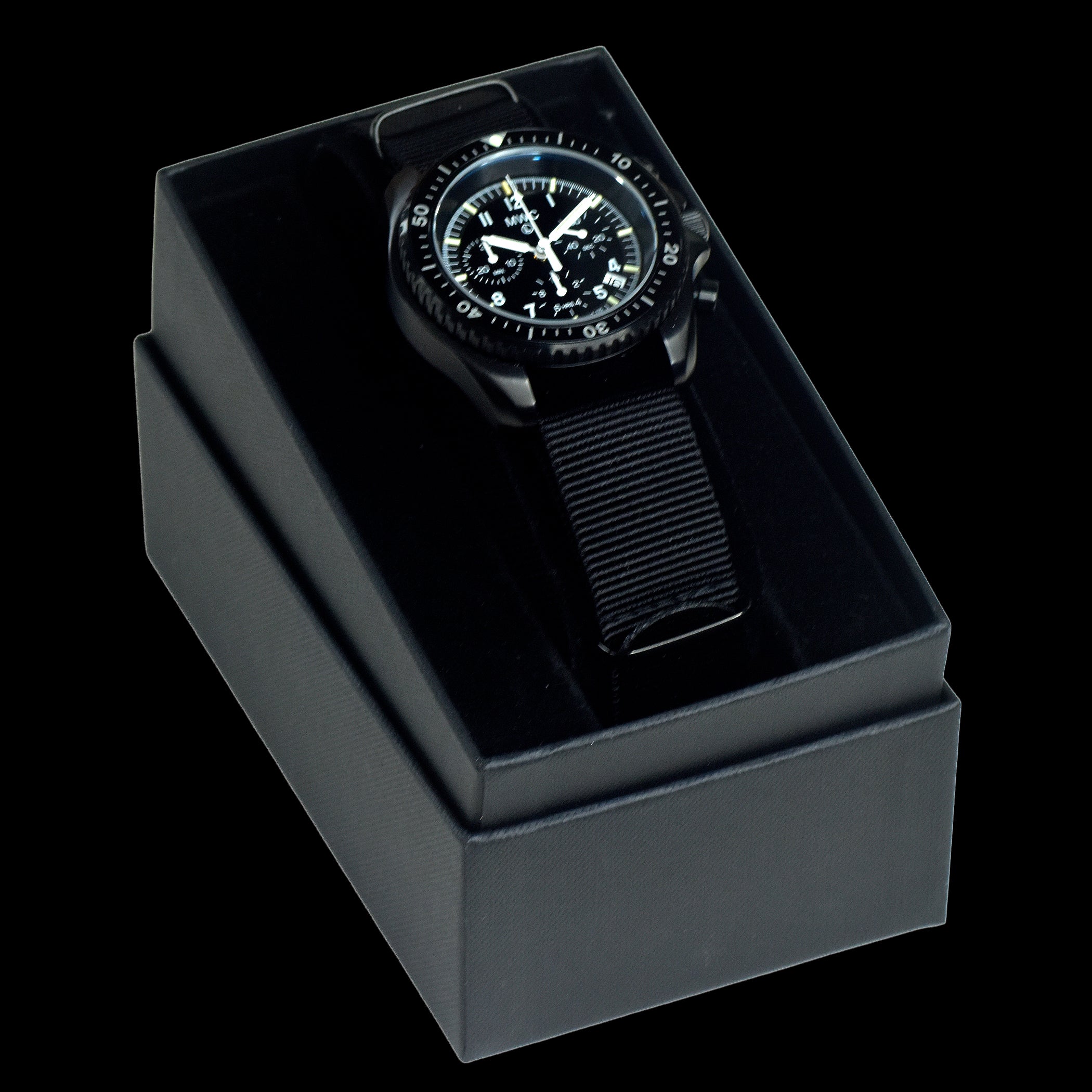 MWC NATO Pattern Black PVD Steel Military Pilots Chronograph with Sapphire Crystal and Swiss Ronda Movement with GTLS/Tritium Illumination