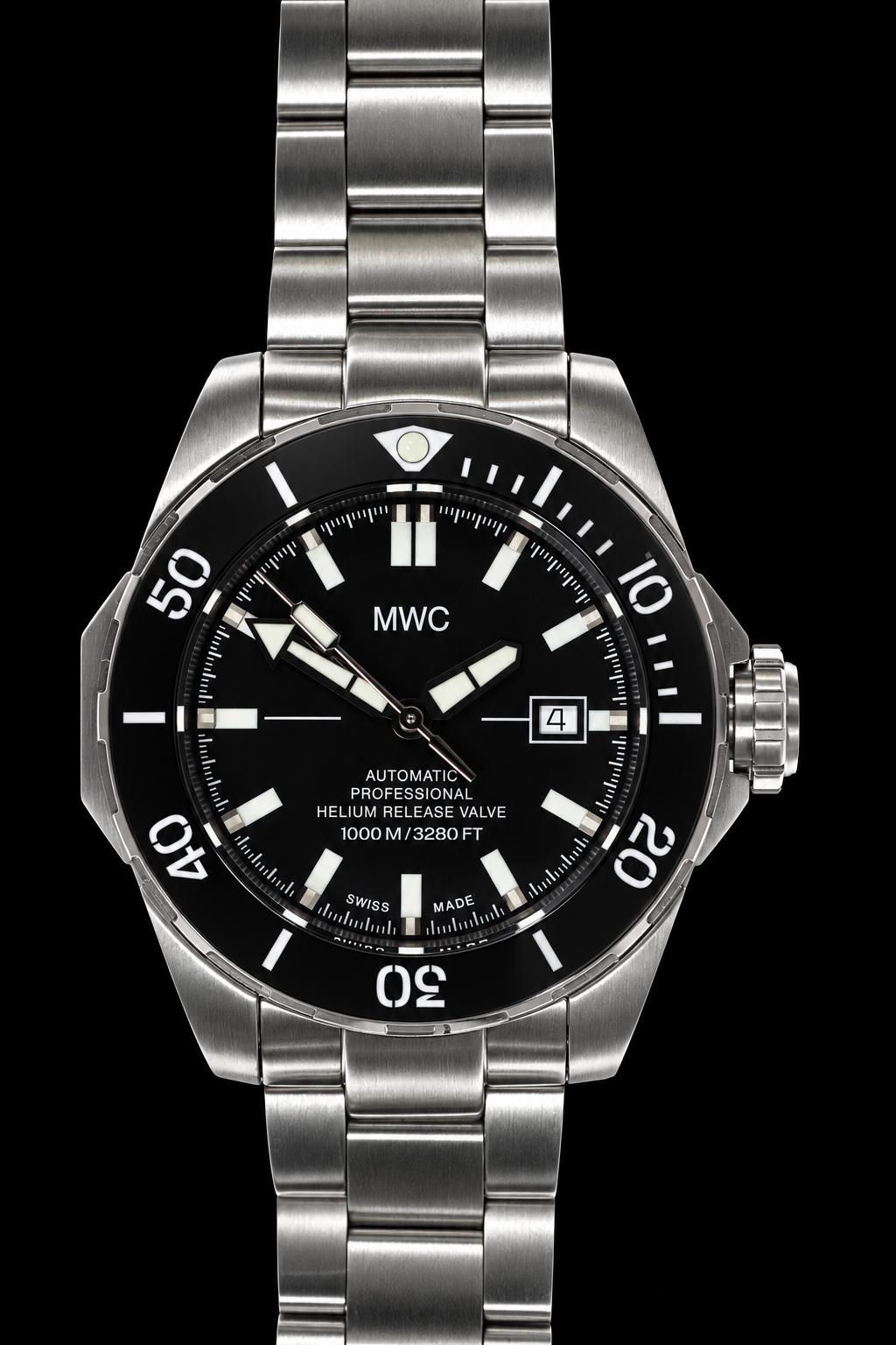MWC 100ATM / 3,280ft / 1000m Water Resistant Diver's Watch  Stainless Steel Case with Helium Valve and Matching Bracelet  100% Swiss Made with Sellita SW200 26-Jewel Automatic Movement