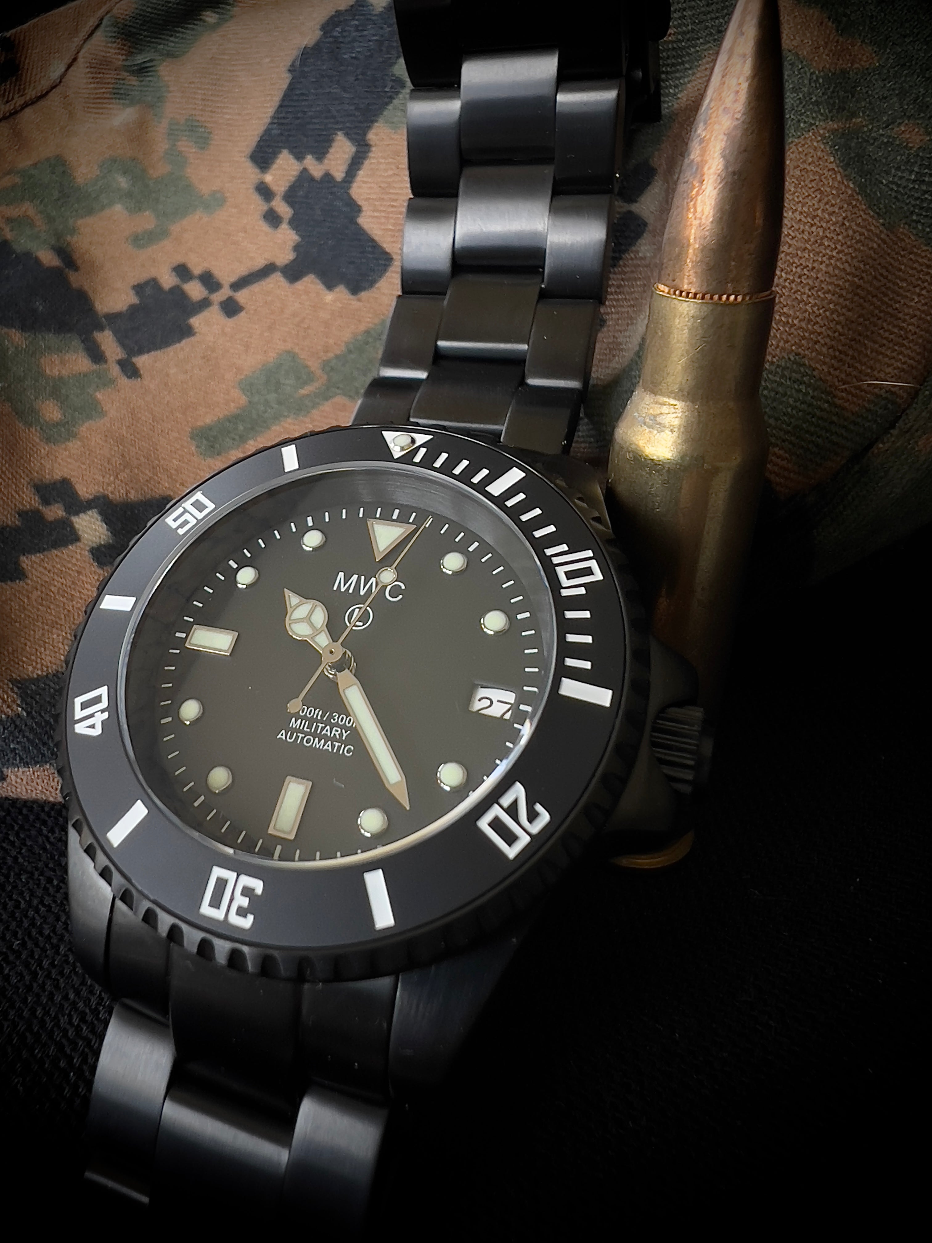 MWC 24 Jewel 300m Automatic Divers Watch with PVD Bracelet, Ceramic Bezel and Sapphire Crystal