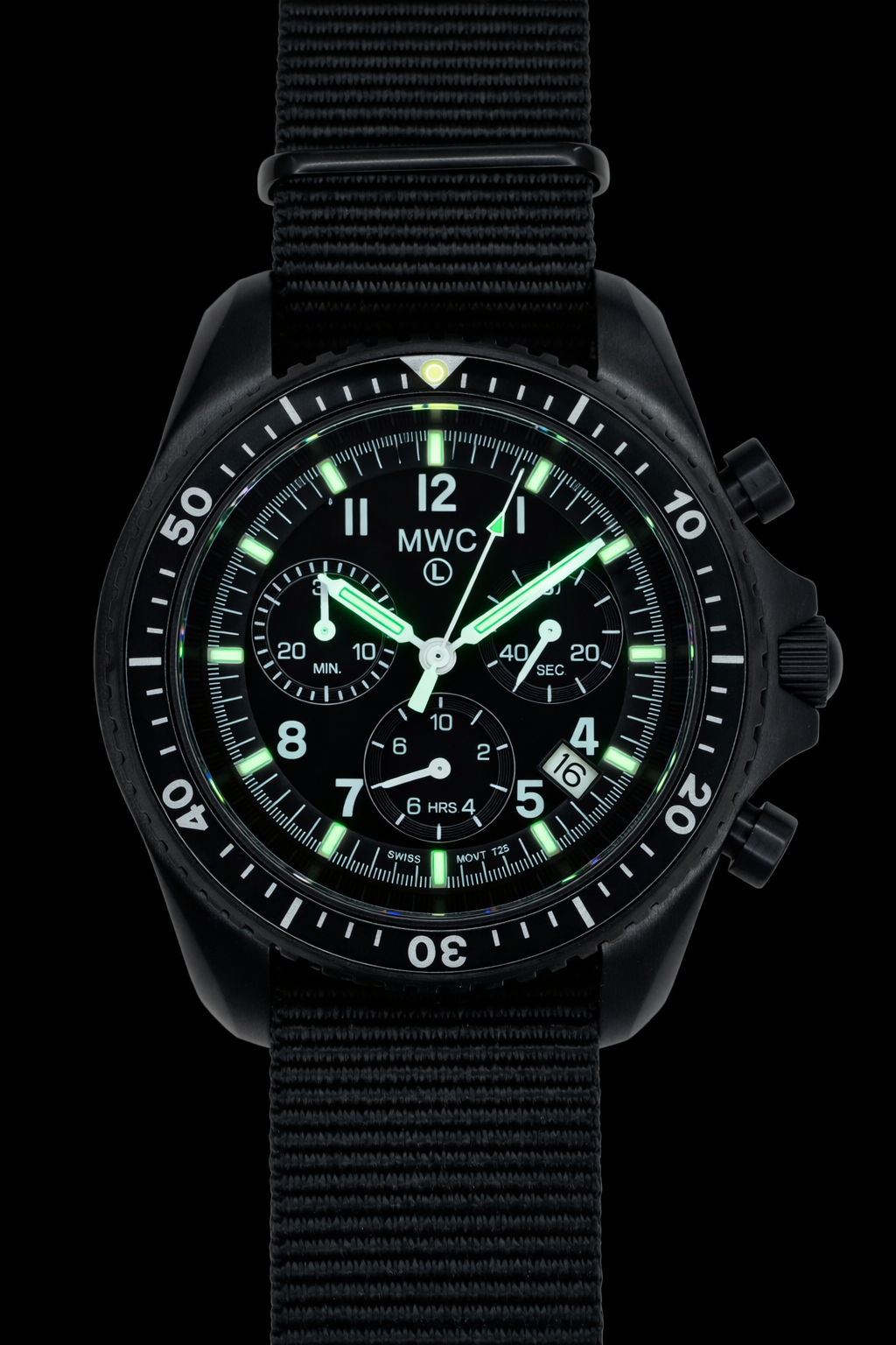 MWC NATO Pattern Black PVD Steel Military Pilots Chronograph with Sapphire Crystal and Swiss Ronda Movement with GTLS/Tritium Illumination