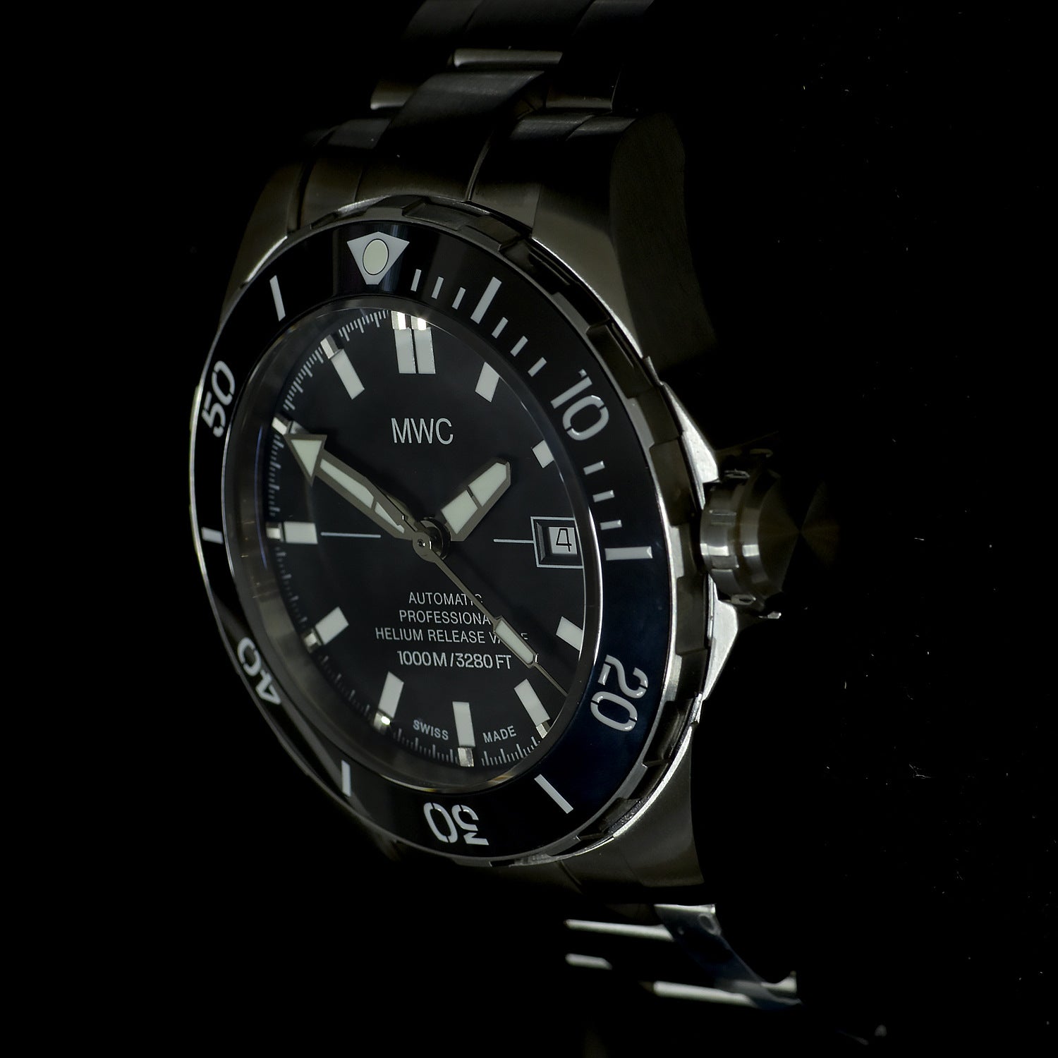 MWC 100ATM / 3,280ft / 1000m Water Resistant Diver's Watch  Stainless Steel Case with Helium Valve and Matching Bracelet  100% Swiss Made with Sellita SW200 26-Jewel Automatic Movement