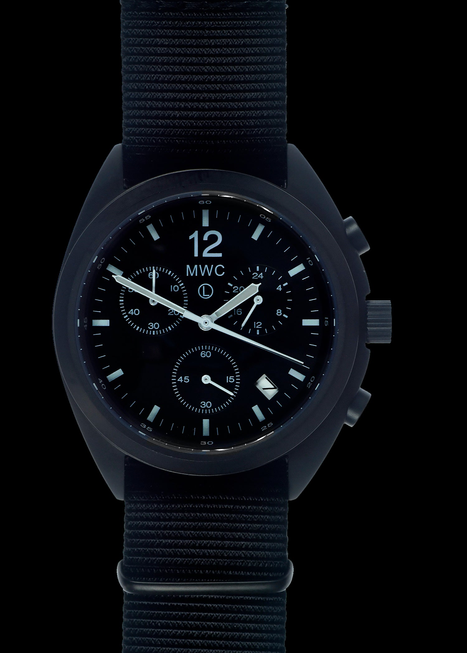 MWC Mechanical/Quartz Hybrid NATO Pattern Military Pilots Chronograph in Non Reflective Black PVD Finish